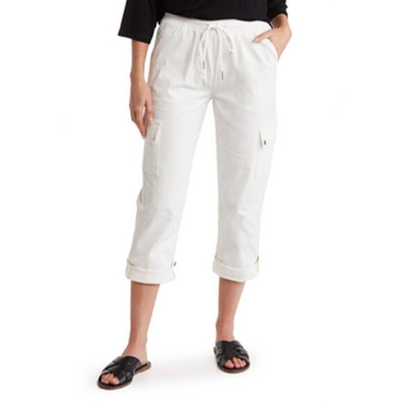NEW Patrizia Luca High Rise Pull On Cargo Pants Roll Tab White NWOT Size Large - Picture 1 of 9